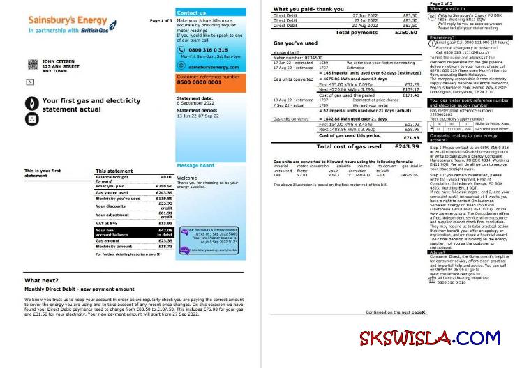 Wielka Brytania Sainsbury' s Energy (British Gas) rachunek za media, 3 strony 1-2